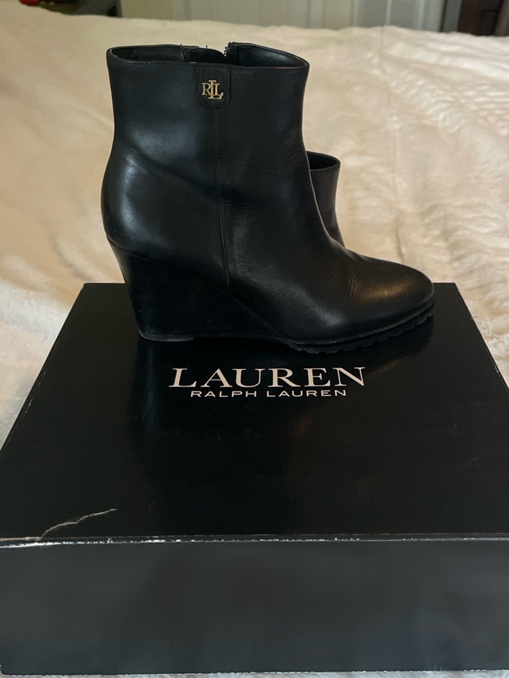 Lauren Ralph Lauren Black Leather Wedge Ankle Boots Size 8B
